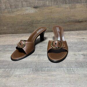 Franco Sarto Brown Leather Heeled Slides with Buckle Accent Women's Size 10